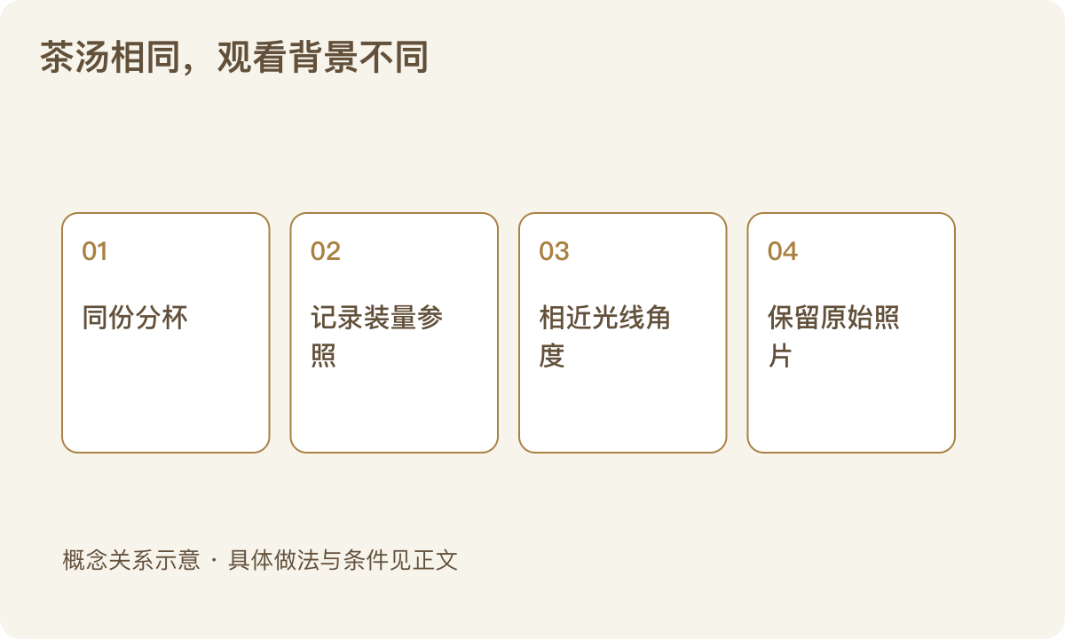 茶汤相同,观看背景不同:同份分杯;记录装量参照;相近光线角度;保留原始照片
