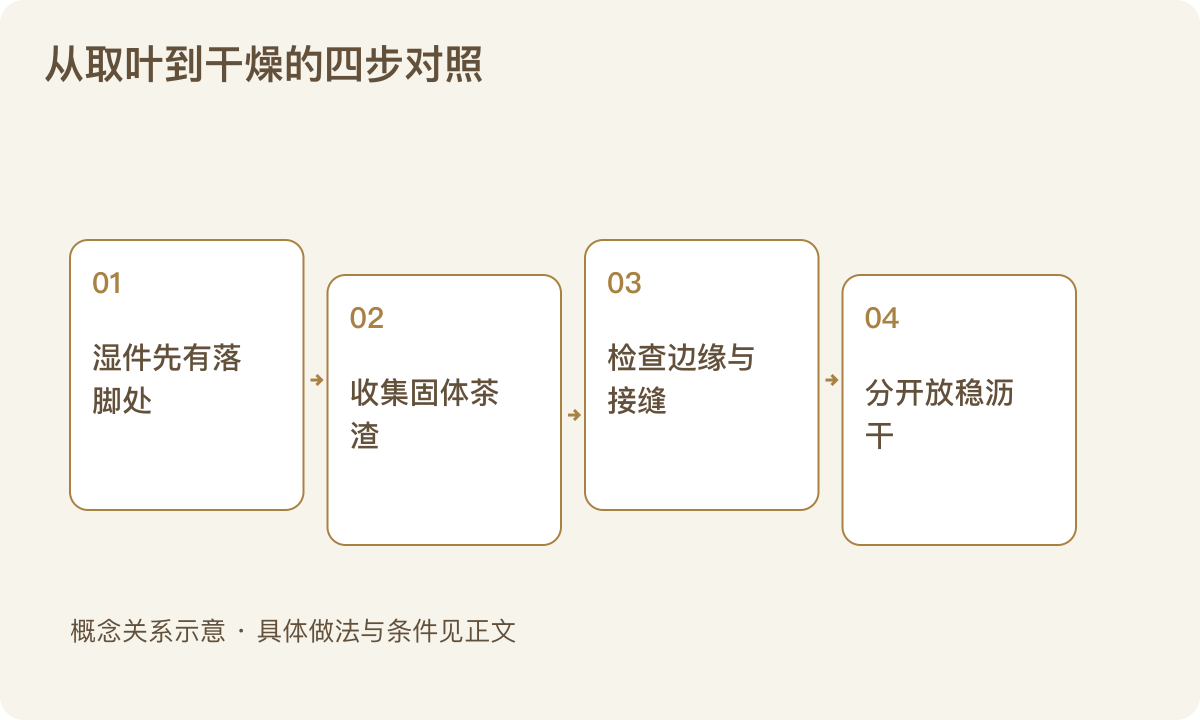 从取叶到干燥的四步对照:湿件先有落脚处;收集固体茶渣;检查边缘与接缝;分开放稳沥干