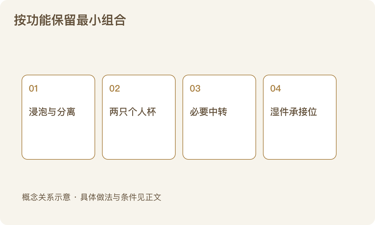 按功能保留最小组合：浸泡与分离；两只个人杯；必要中转；湿件承接位
