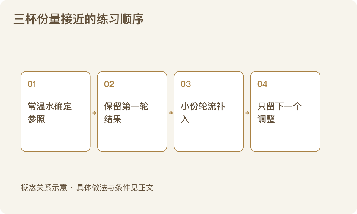 三杯份量接近的练习顺序：常温水确定参照；保留第一轮结果；小份轮流补入；只留下一个调整