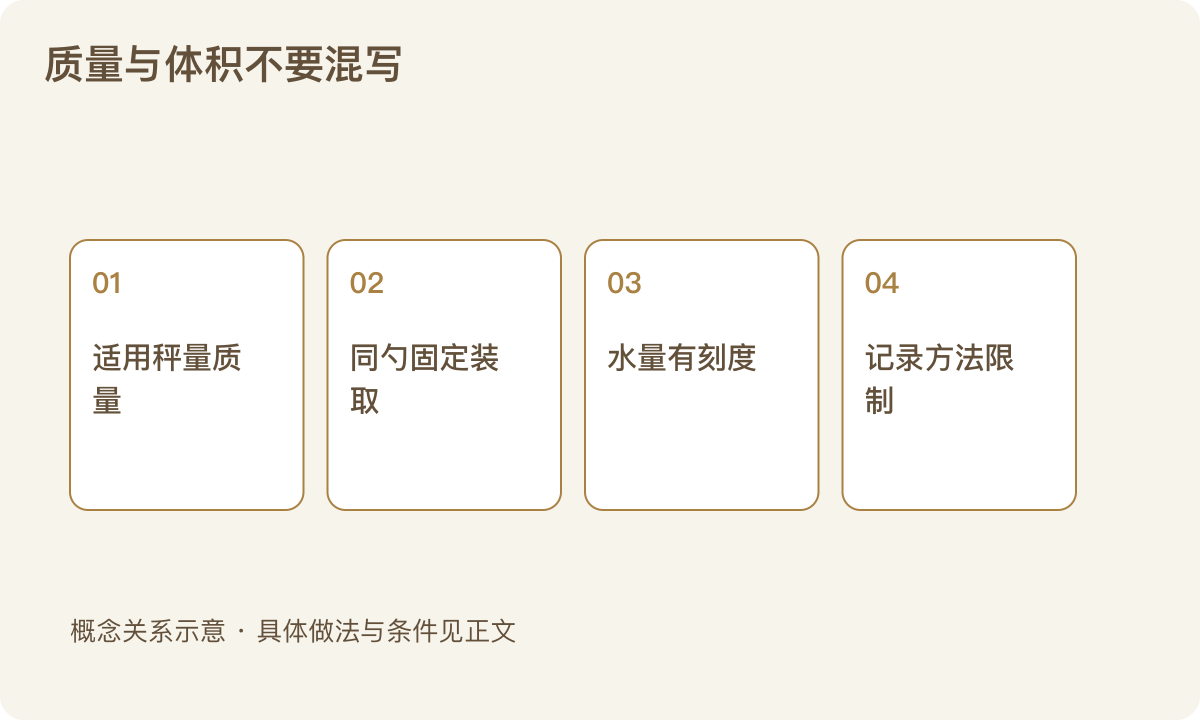 质量与体积不要混写:适用秤量质量;同勺固定装取;水量有刻度;记录方法限制