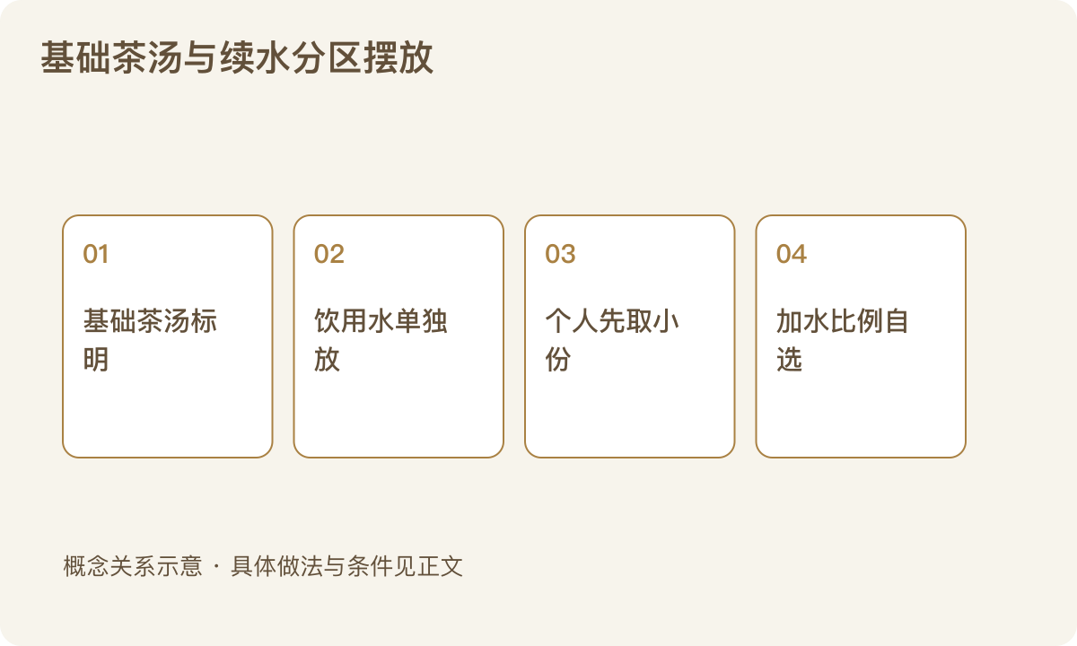 基础茶汤与续水分区摆放：基础茶汤标明；饮用水单独放；个人先取小份；加水比例自选