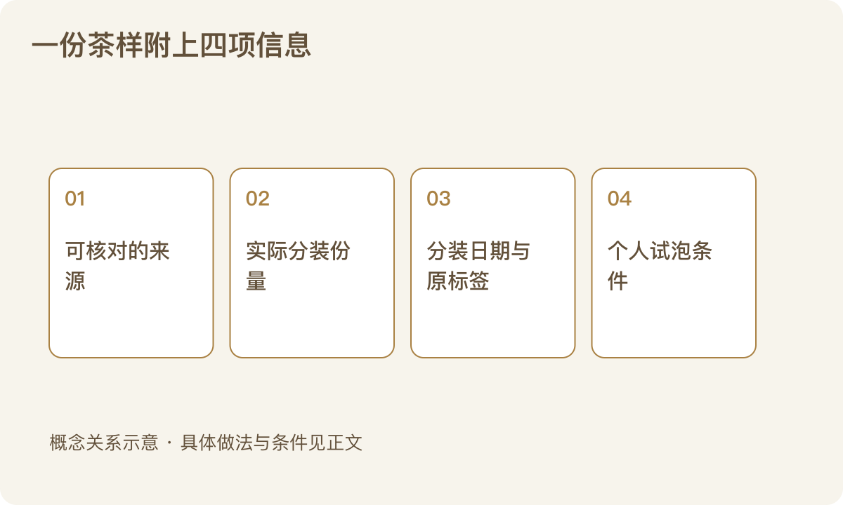 一份茶样附上四项信息：可核对的来源；实际分装份量；分装日期与原标签；个人试泡条件