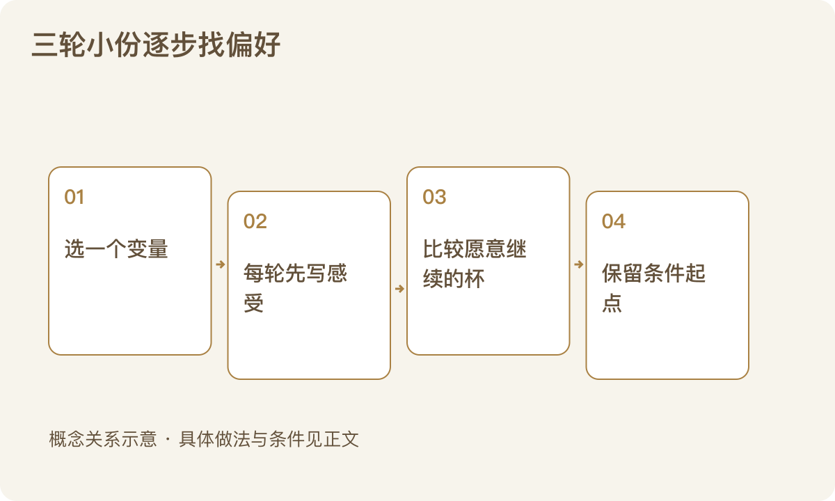 三轮小份逐步找偏好:选一个变量;每轮先写感受;比较愿意继续的杯;保留条件起点