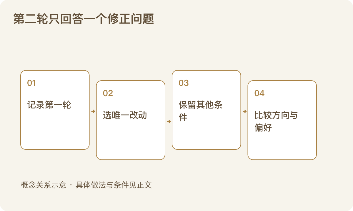 第二轮只回答一个修正问题:记录第一轮;选唯一改动;保留其他条件;比较方向与偏好